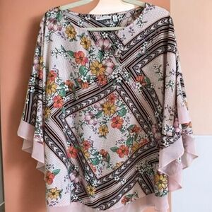 Rafaella Floral Geometric Blouse with Pink and Orange Accents